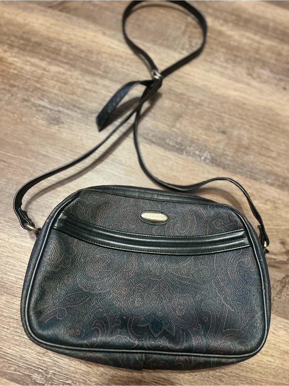 Vintage Liz Claiborne Black Leather Paisley Pattern Crossbody Bag
